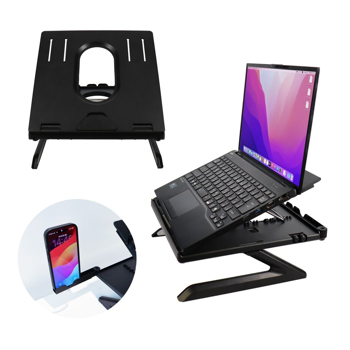 PCスタンド HP0923004 スマホホルダー付き 配線穴付き モニター台