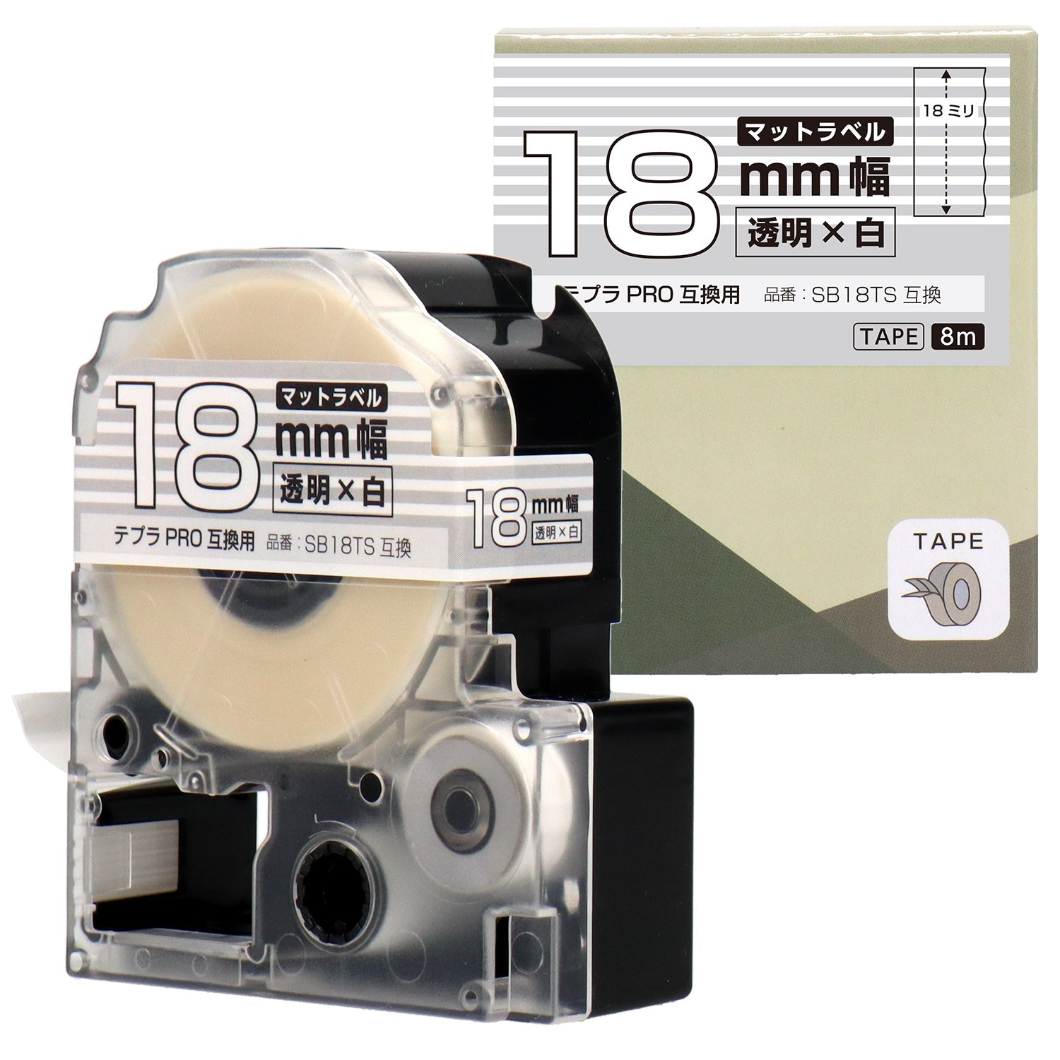 テプラPRO用互換テープカートリッジ マット透明×白文字 18mm