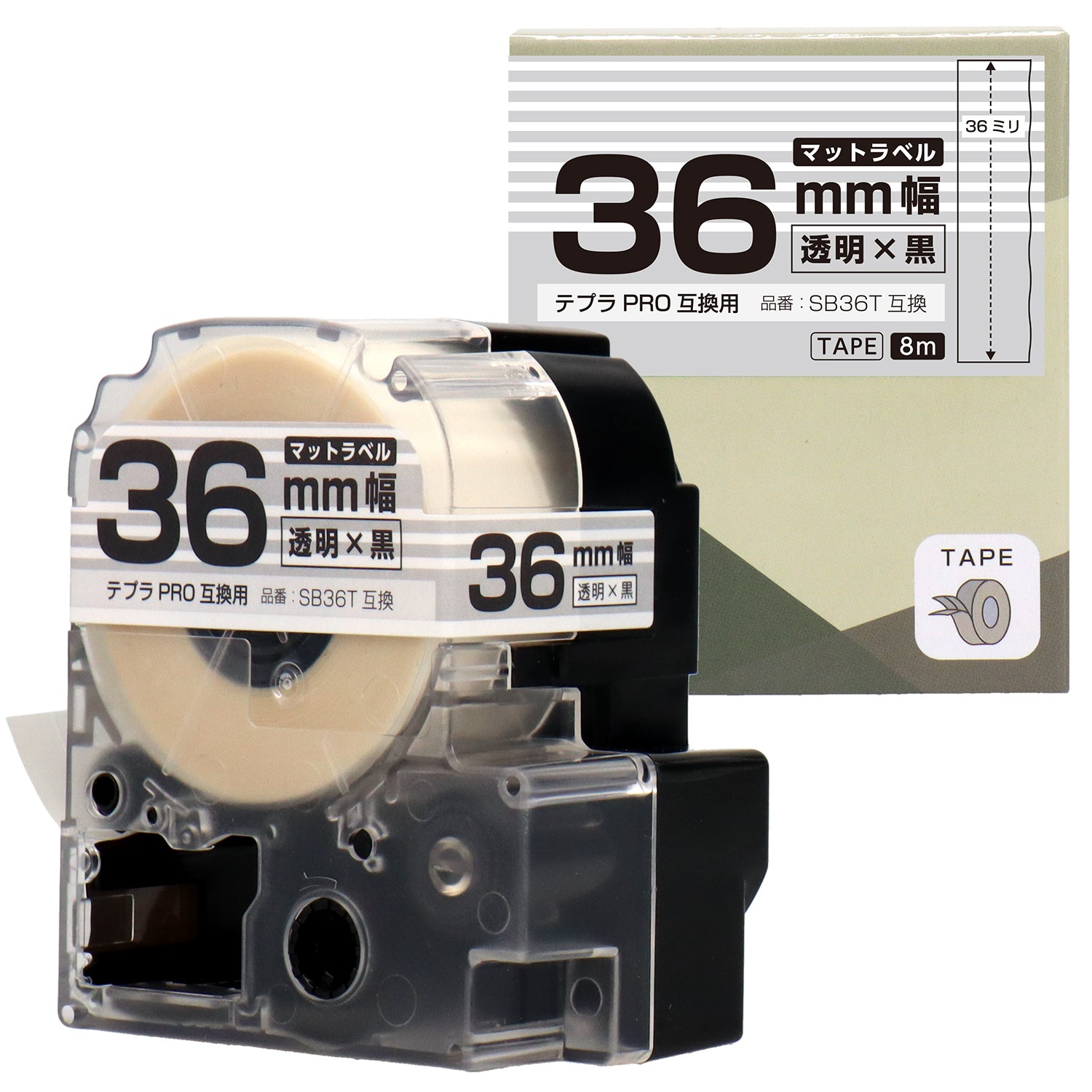 テプラPRO用互換テープカートリッジ マット透明×黒文字 36mm