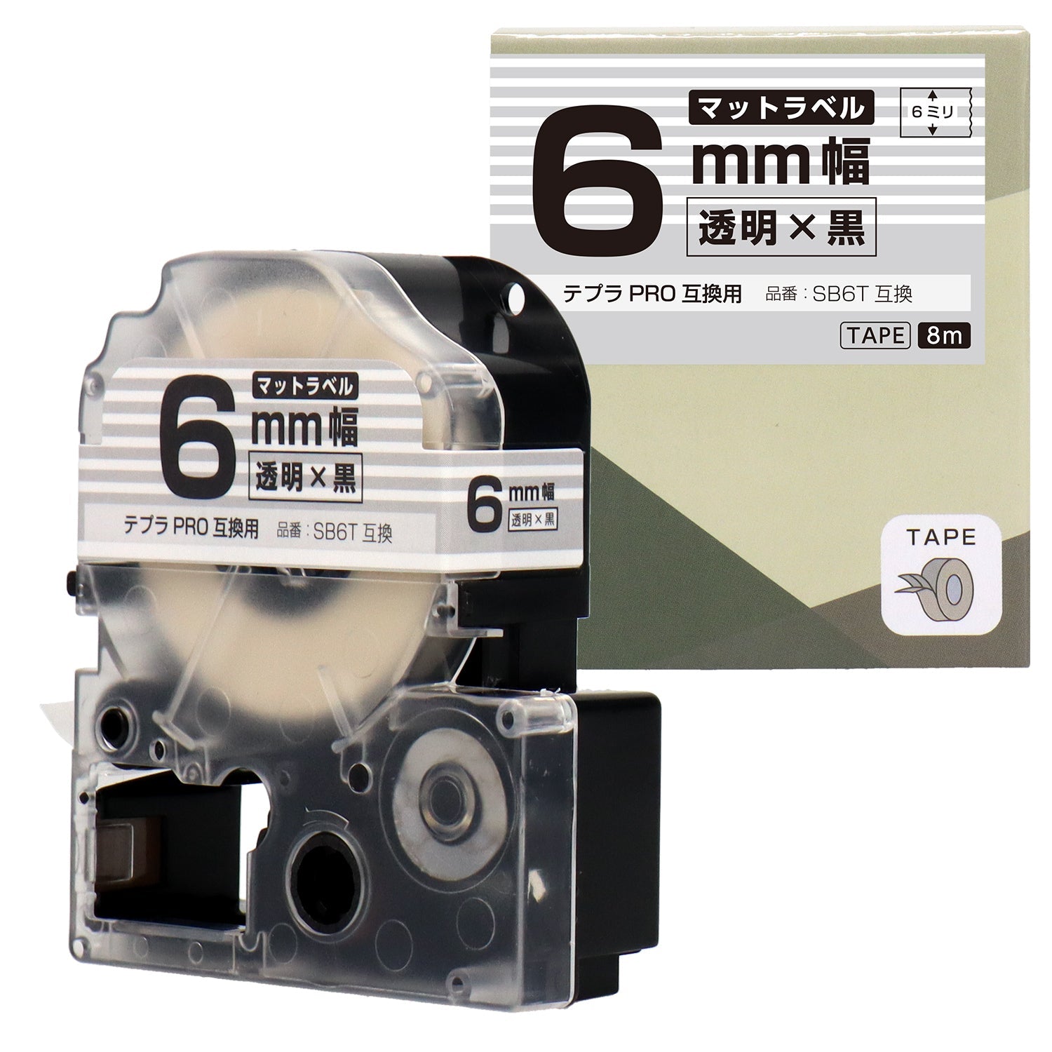 テプラPRO用互換テープカートリッジ マット透明×黒文字 6mm