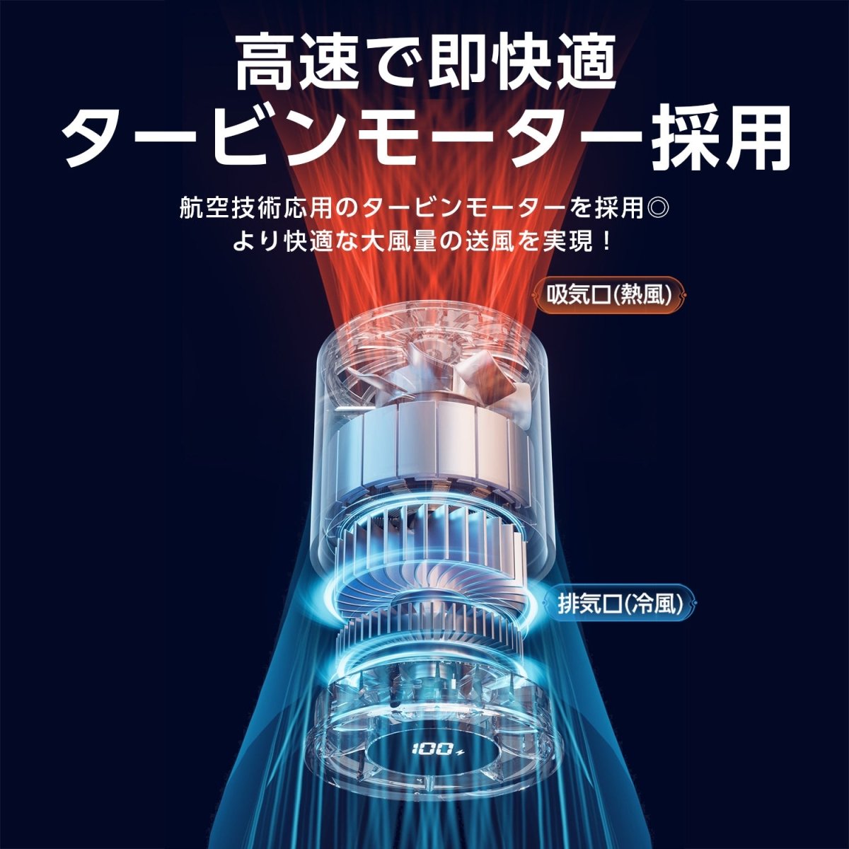 高速ハンディファン100段階の無段階風量コントロール 搭載
