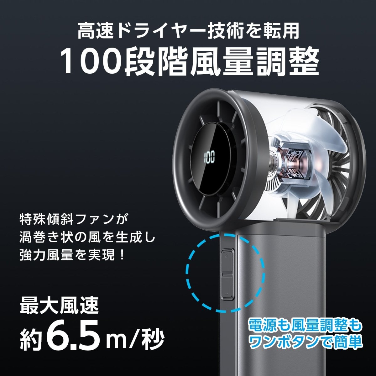 超高速ハンディファン 100段階の無段階風量コントロール 大容量バッテリー搭載