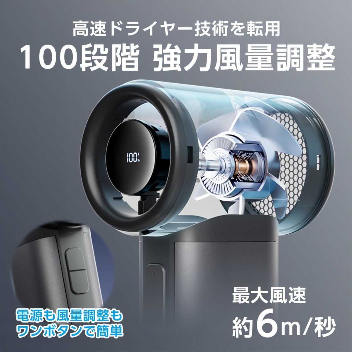 高速ハンディファン 100段階の無段階風量コントロール搭載