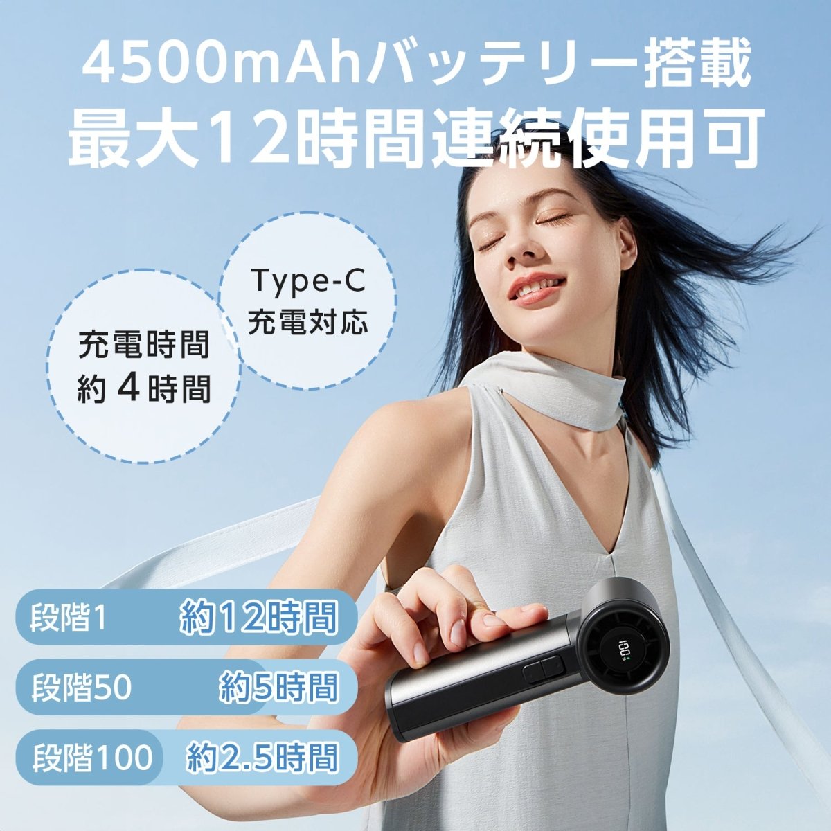 高速ハンディファン 100段階の無段階風量コントロール搭載