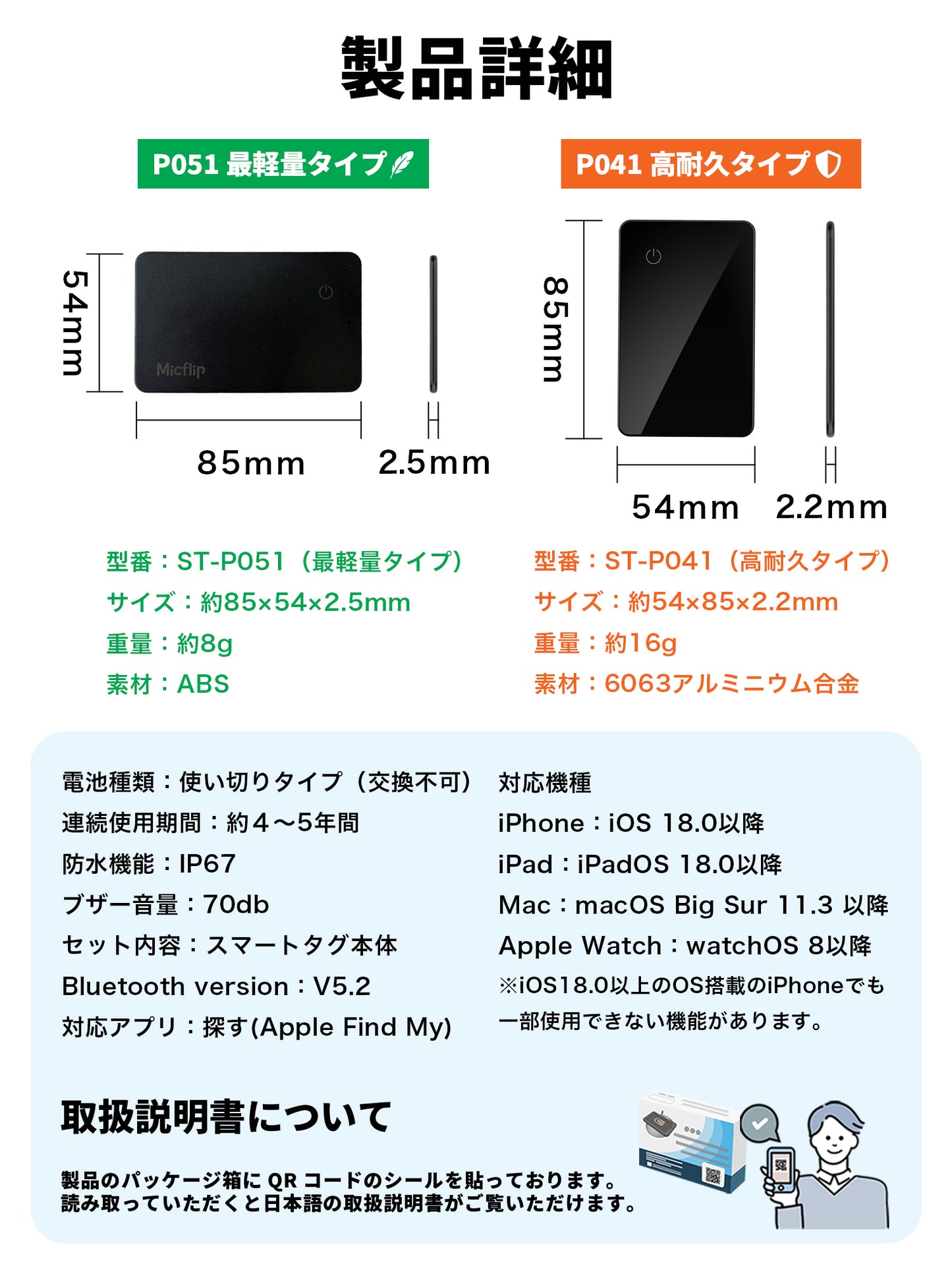 カード型 電池式 スマートタグ P041 ブラック 本体 2個セット 高耐久タイプ