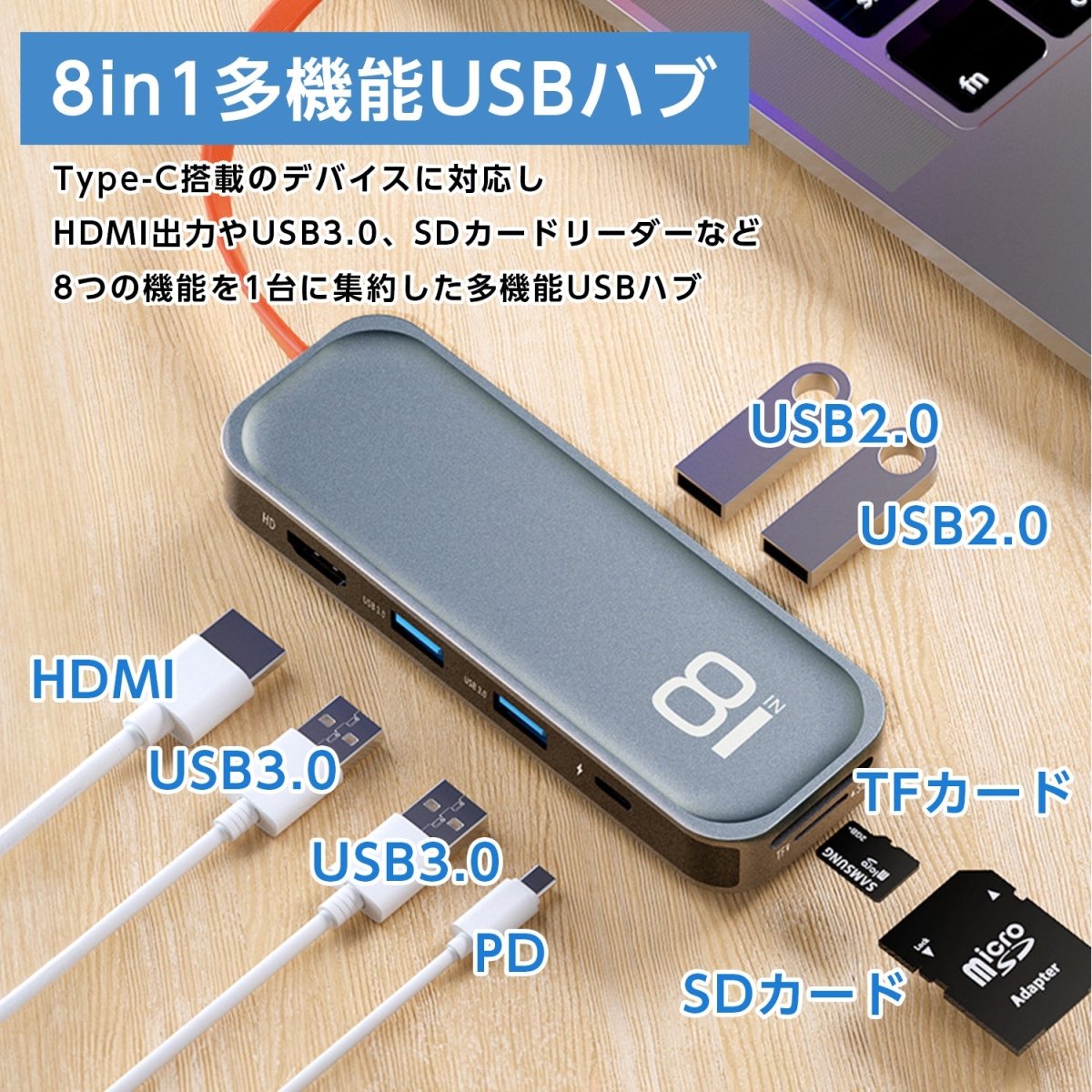 USBハブ 8in1 Type - C HDMI USB - A3.0 SDカード TFカード(microSDカード)対応