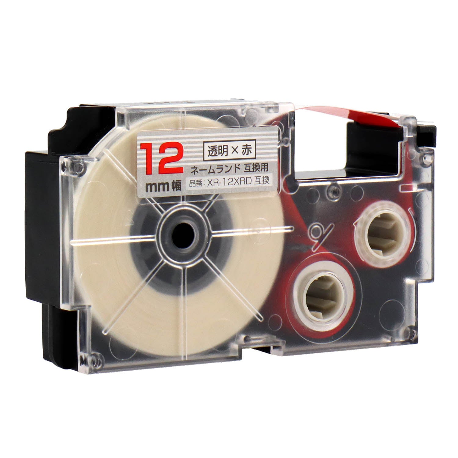 ネームランド用互換テープカートリッジ 透明×赤文字 12mm
