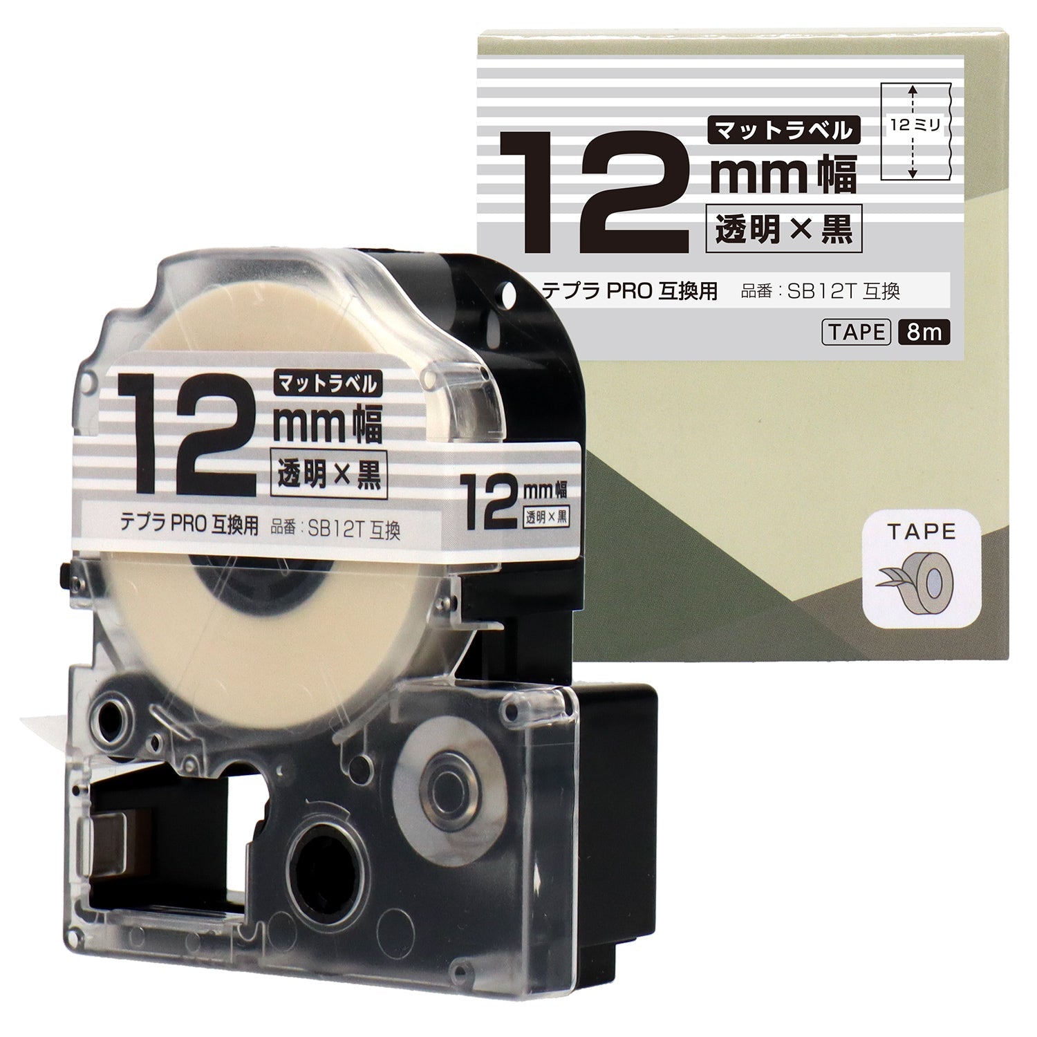 テプラPRO用互換テープカートリッジ マット透明×黒文字 12mm