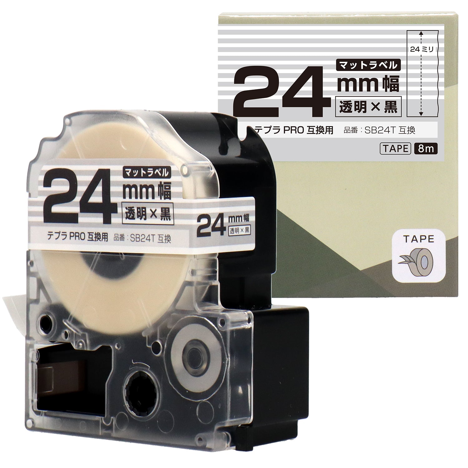 テプラPRO用互換テープカートリッジ マット透明×黒文字 24mm