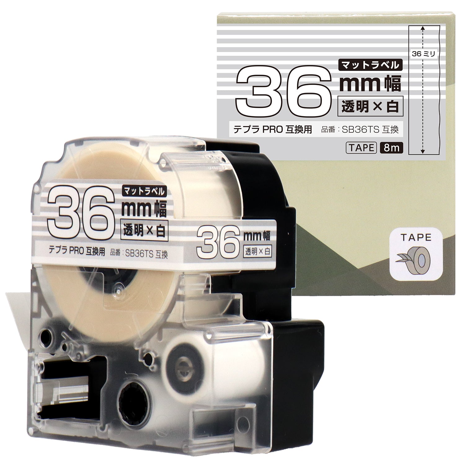 テプラPRO用互換テープカートリッジ マット透明×白文字 36mm