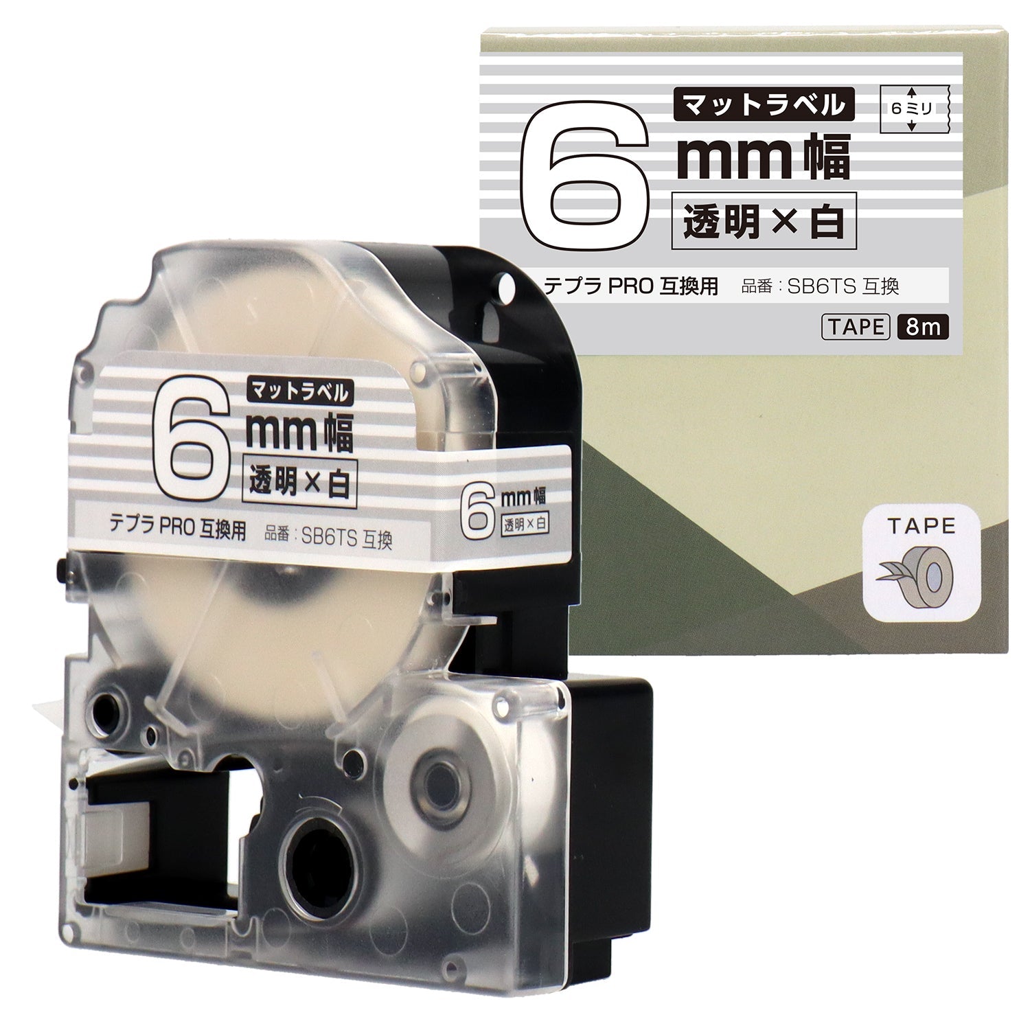 テプラPRO用互換テープカートリッジ マット透明×白文字 6mm