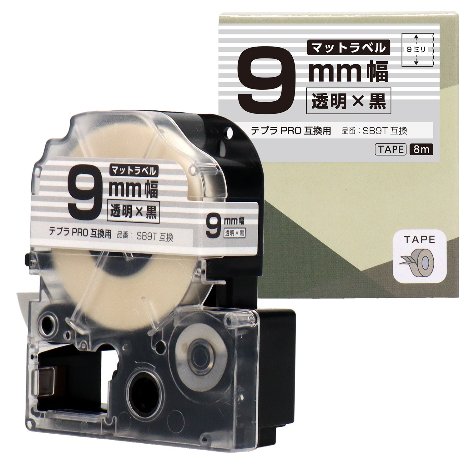 テプラPRO用互換テープカートリッジ マット透明×黒文字 9mm