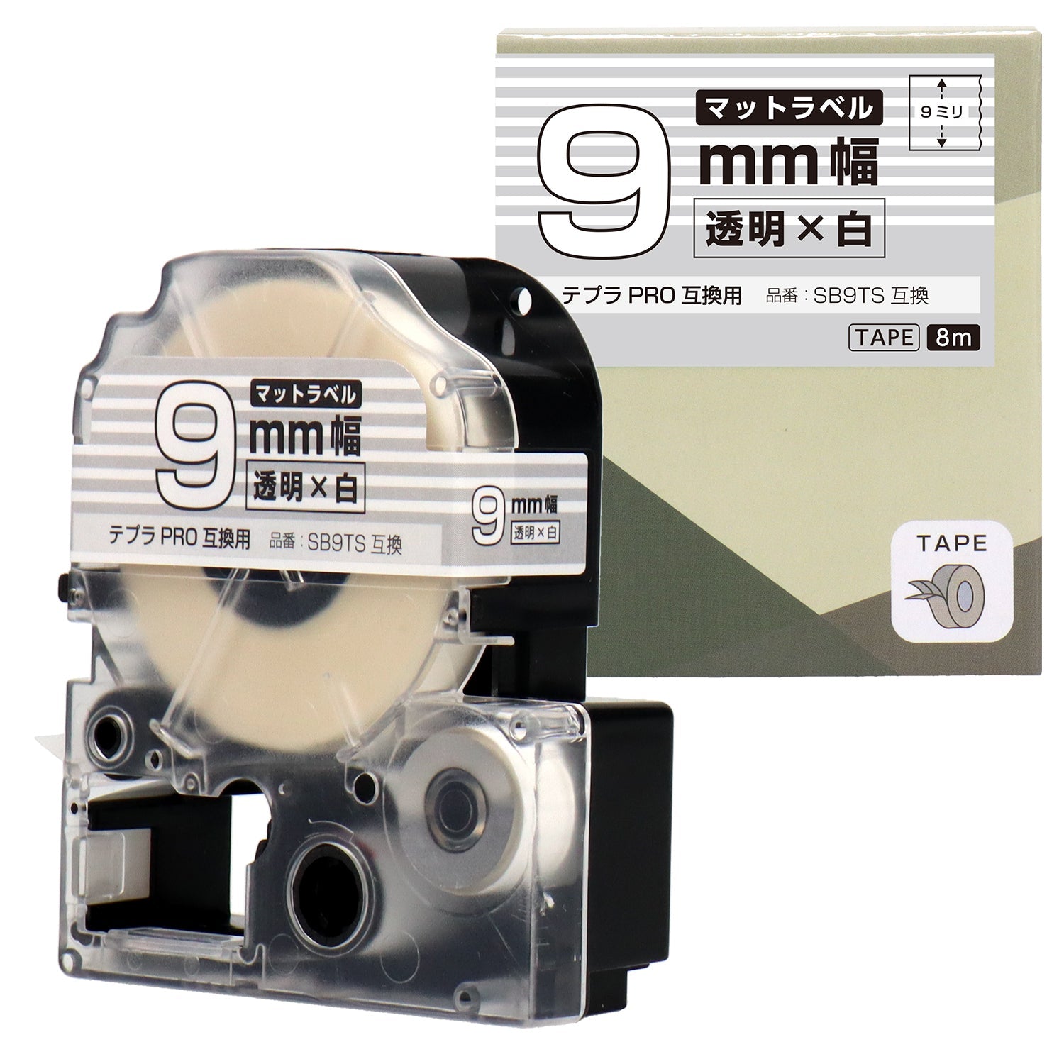 テプラPRO用互換テープカートリッジ マット透明×白文字 9mm