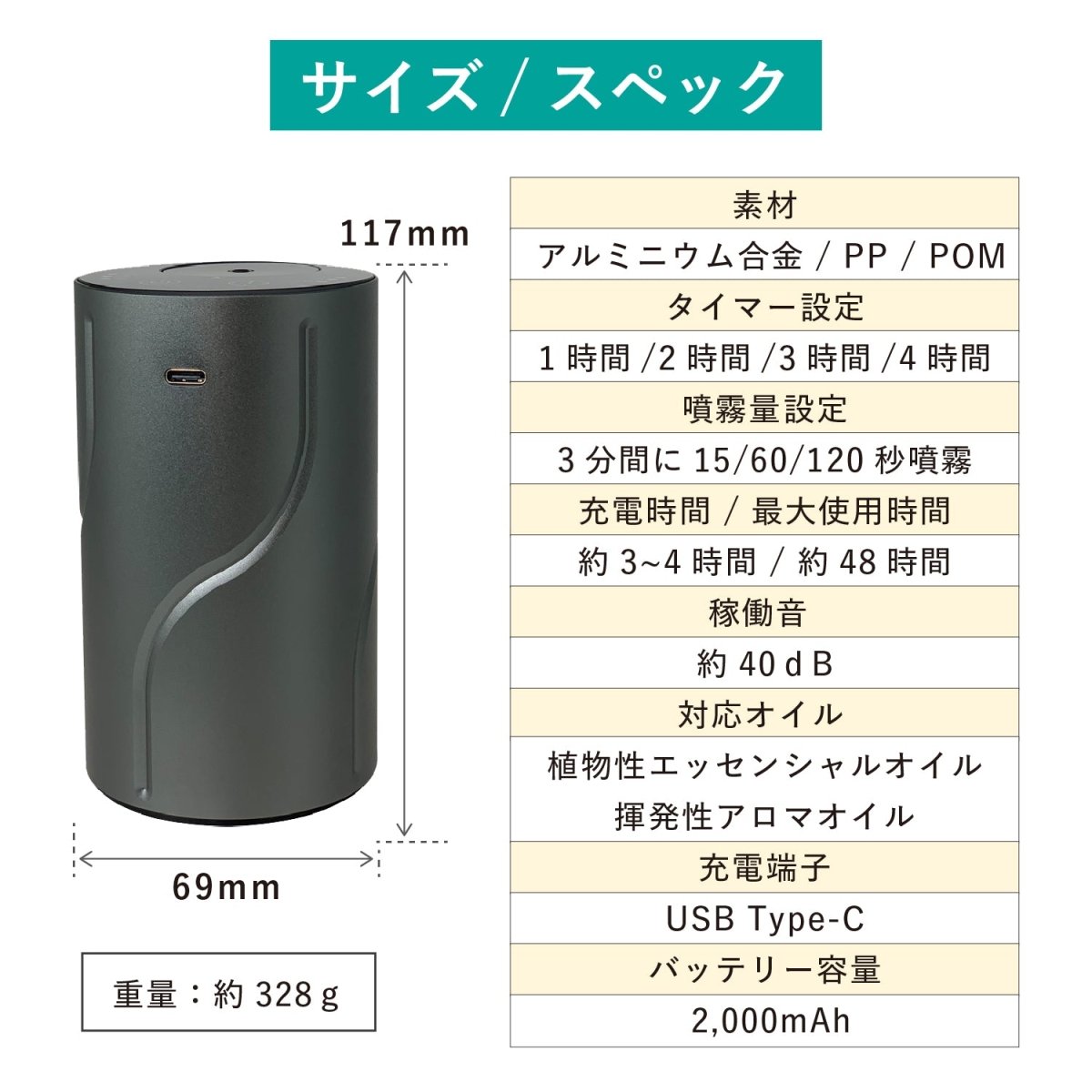 コードレス スタイリッシュ アロマディフューザー 噴霧式