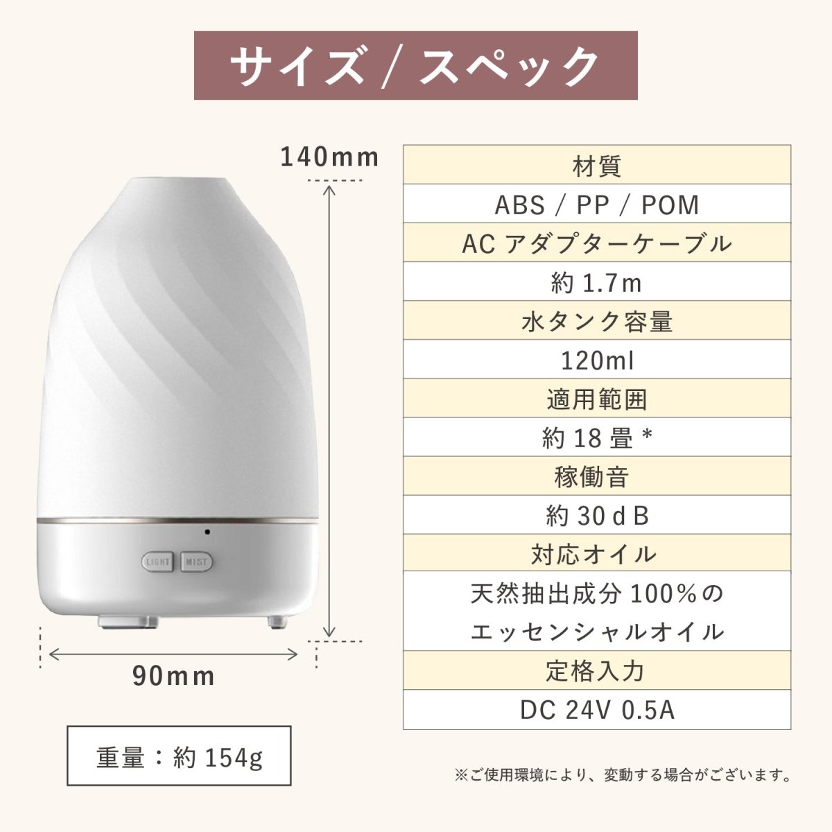 超音波式 アロマディフューザー LEDライト機能付き