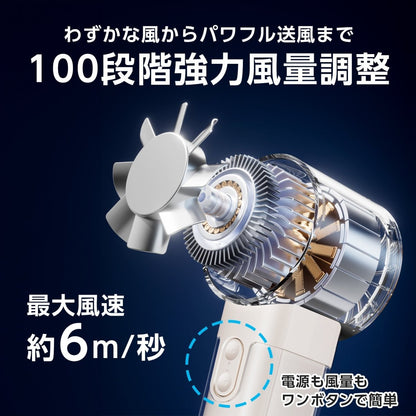高速ハンディファン100段階の無段階風量コントロール 搭載
