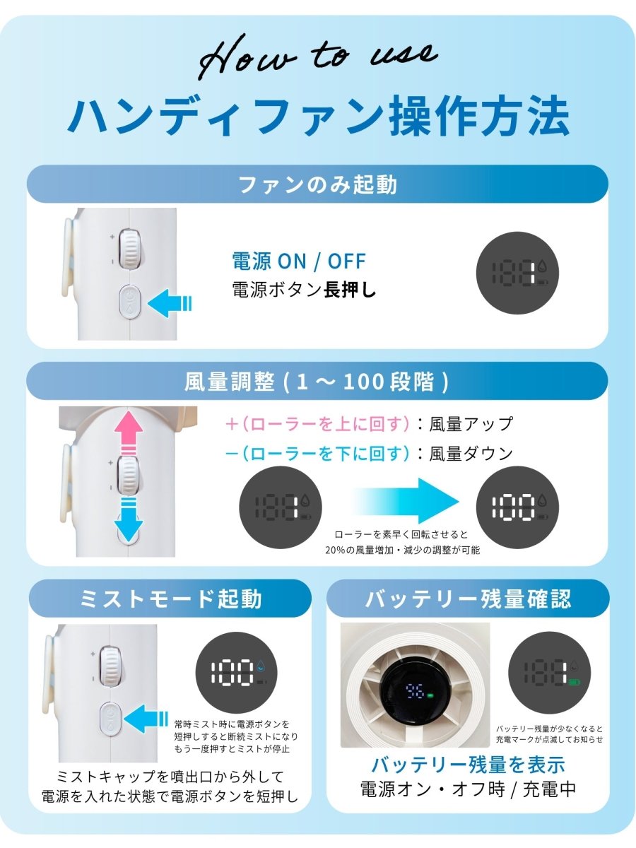 ミストハンディファン ブルー ギフト対応 W02 100段階風量調整 ハンドストラップ付き