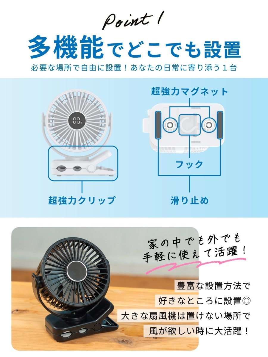 卓上クリップファン マグネット付き 軽量 ブラック F098