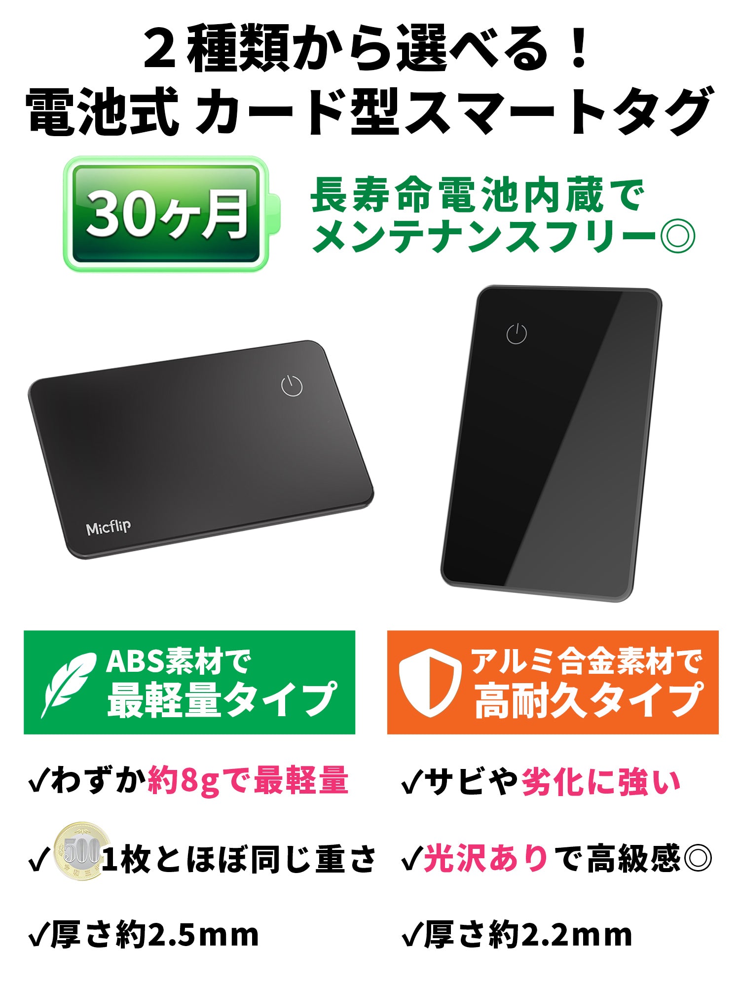 カード型 電池式 スマートタグ P051 ブラック 本体 2個セット 最軽量タイプ