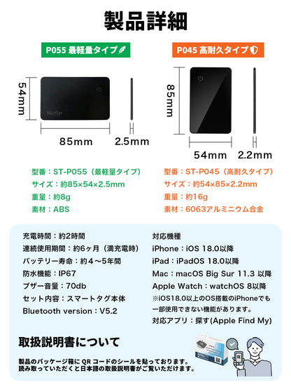 カード型 充電式 スマートタグ P045 ブラック 本体 2個＋ワイヤレス充電器（ZZ - CD01）ホワイト