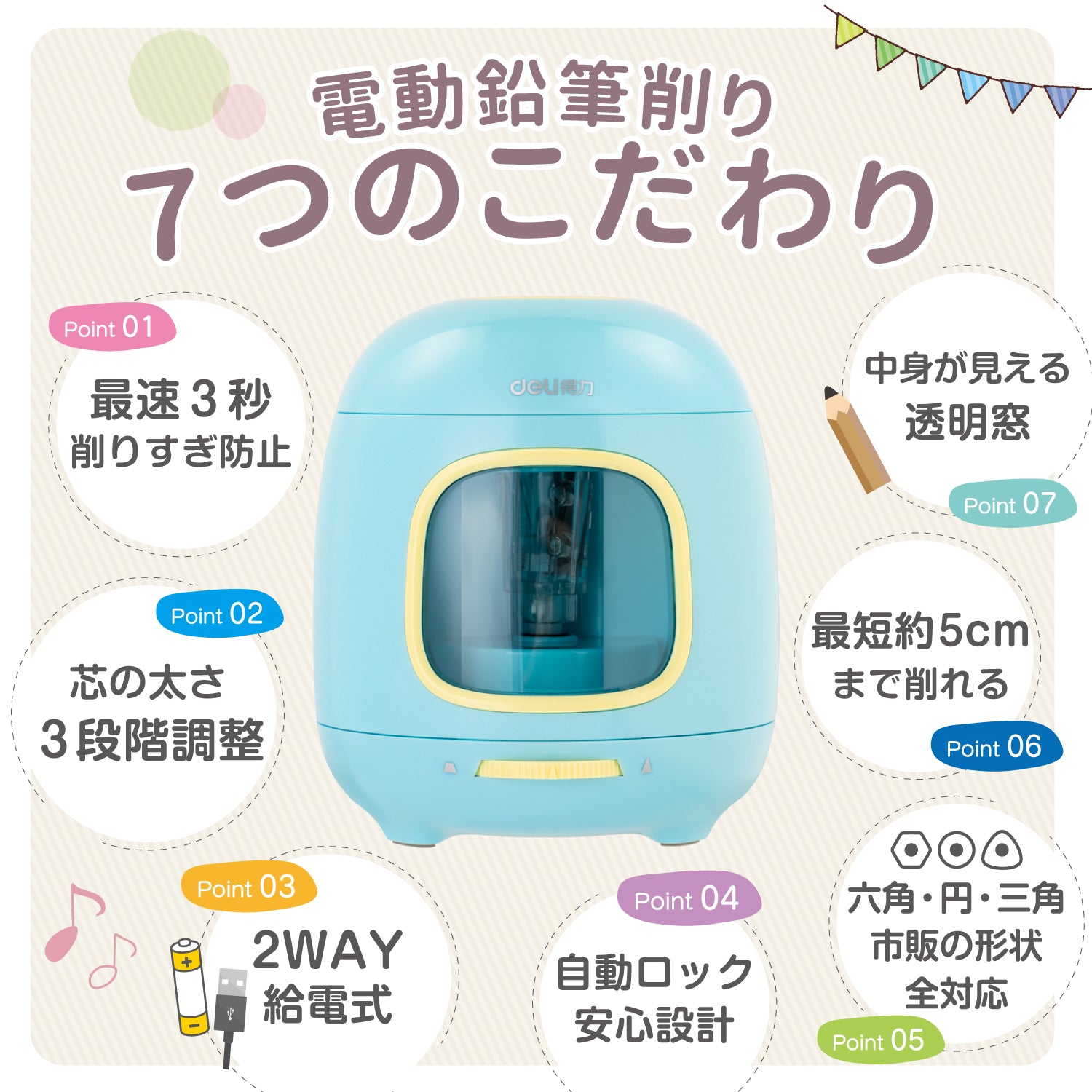 たまご型 電動鉛筆削り | 円形、三角形、六角形の鉛筆に対応