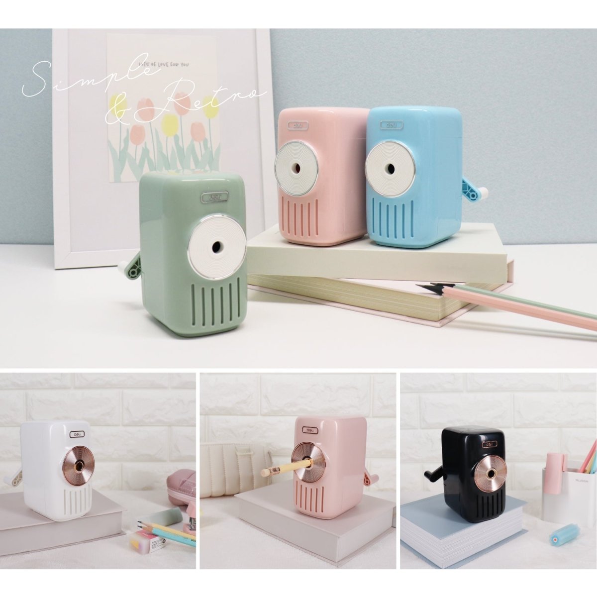 deli レトロ 手動鉛筆削り | 円形、三角形、六角形の鉛筆に対応