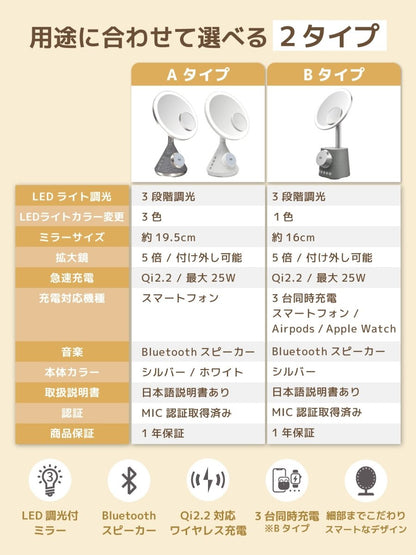 女優ミラー ワイヤレス充電 Bluetoothスピーカー W02243 W02255