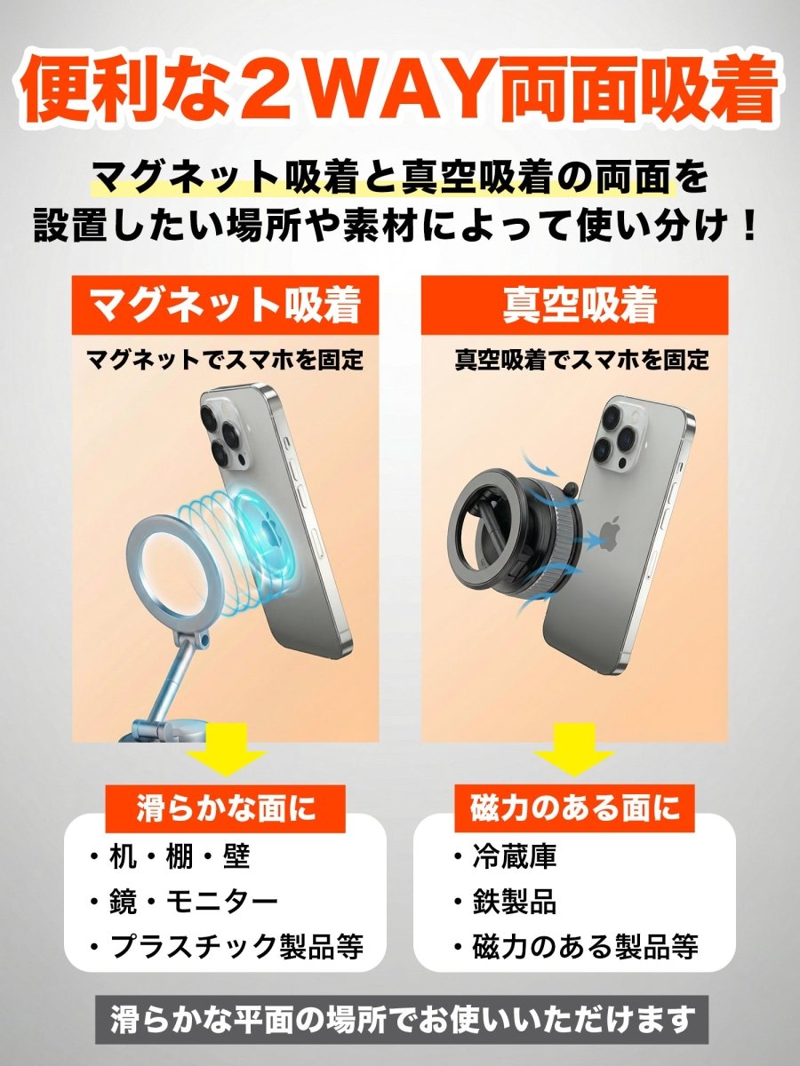スマホホルダー 真空式吸着/マグネット吸着 車載ホルダー