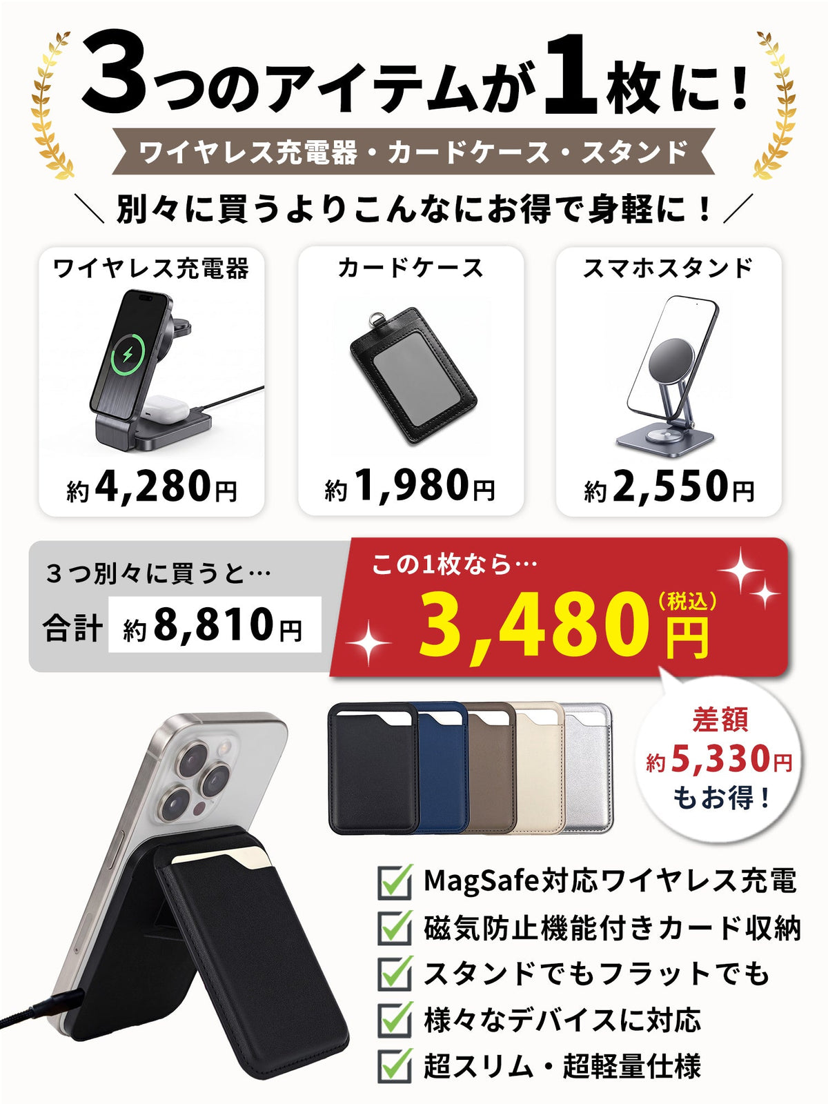 カードケース型ワイヤレス充電器 ZZ-CD02 ネイビー