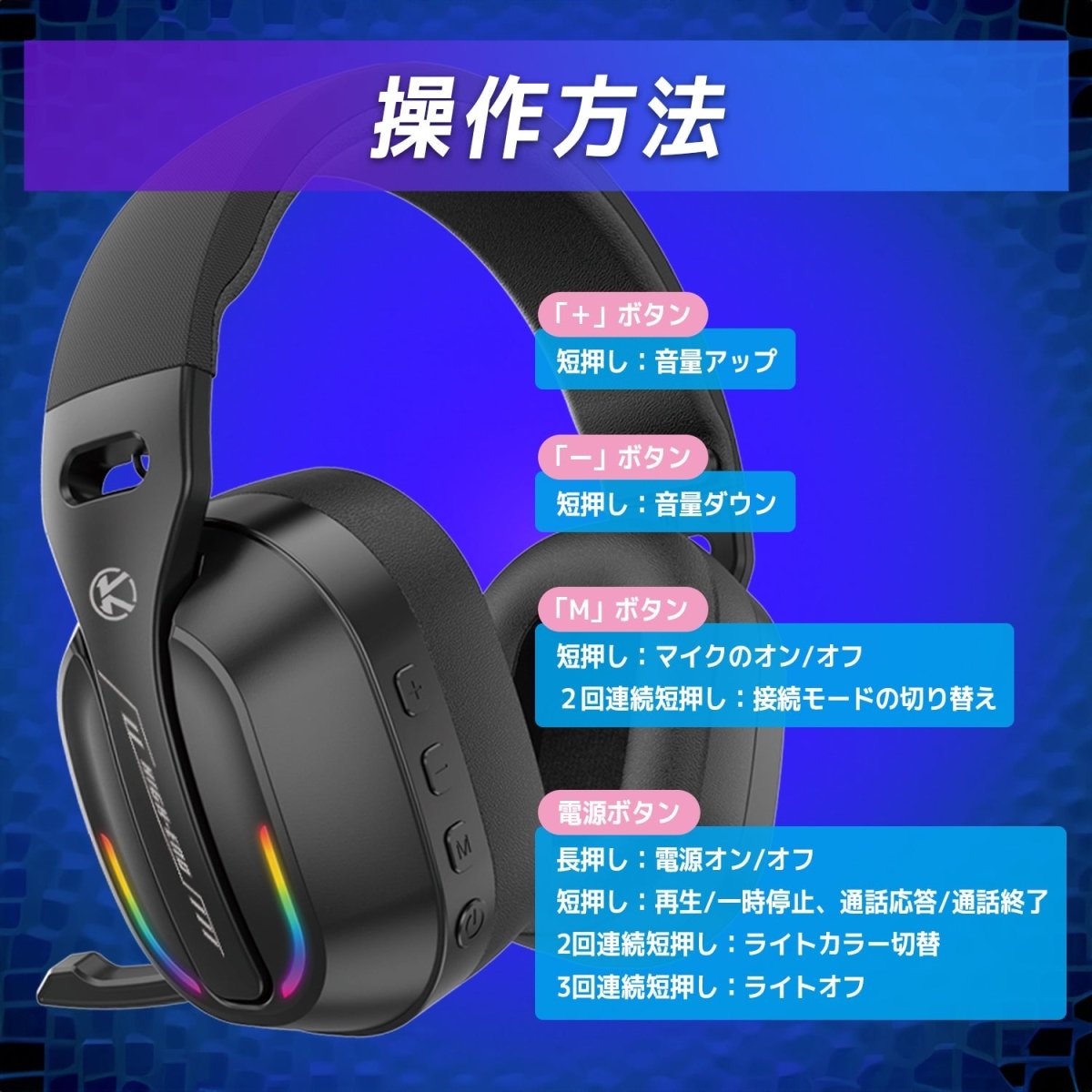 ワイヤレスゲーミングヘッドセット サラウンドサウンド 低遅延通信