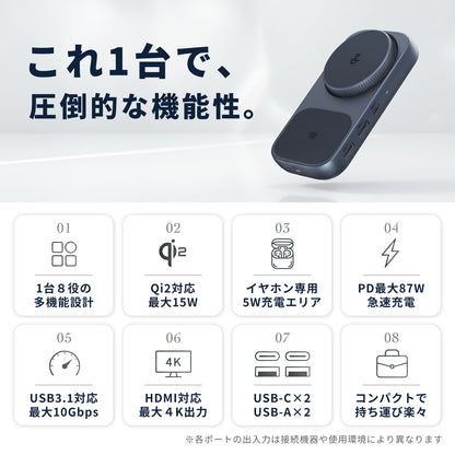 スマート 8-in-1 USBハブ ワイヤレスチャージャー ZZ-PU0901-GRY
