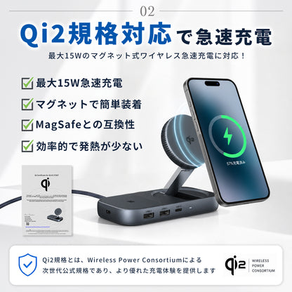 スマート 8-in-1 USBハブ ワイヤレスチャージャー ZZ-PU0901-GRY