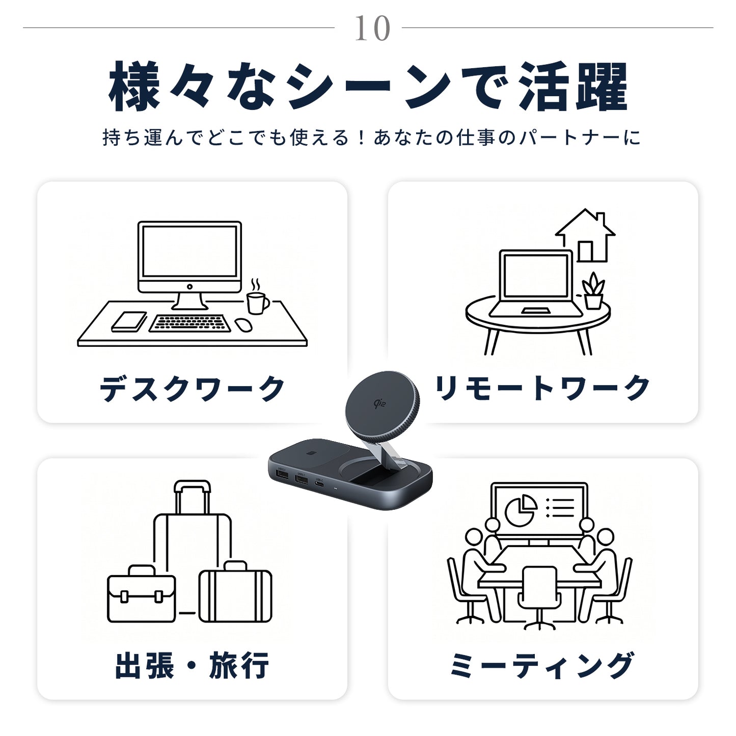 スマート 8-in-1 USBハブ ワイヤレスチャージャー ZZ-PU0901-GRY