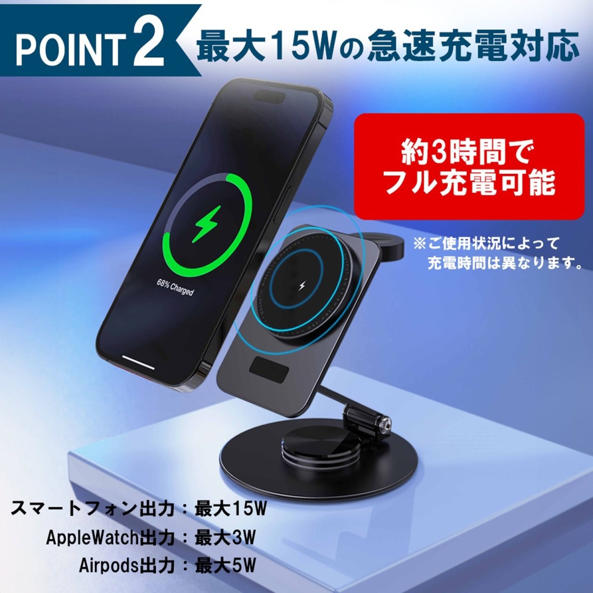 3in1 卓上スタンド型ワイヤレス充電器 360°回転