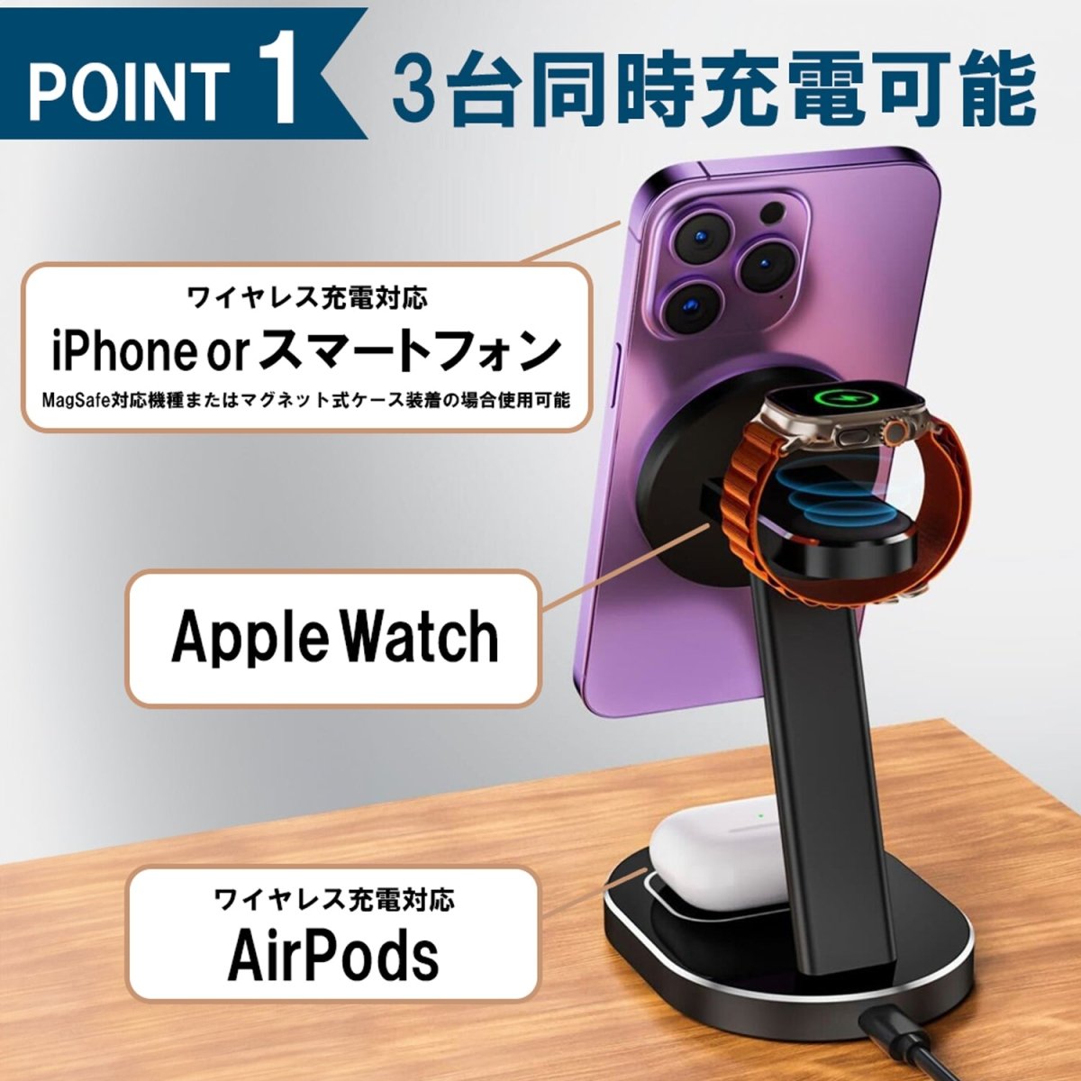 3in1 卓上スタンド型ワイヤレス充電器