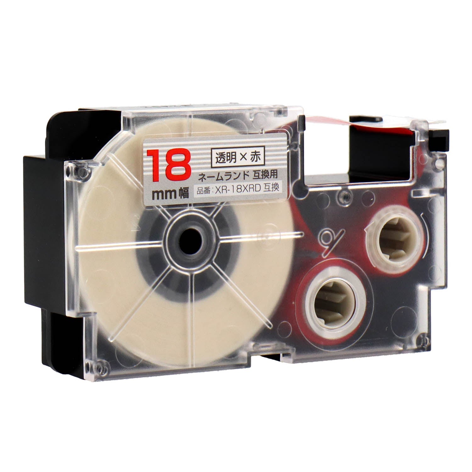 ネームランド用互換テープカートリッジ 透明×赤文字 18mm