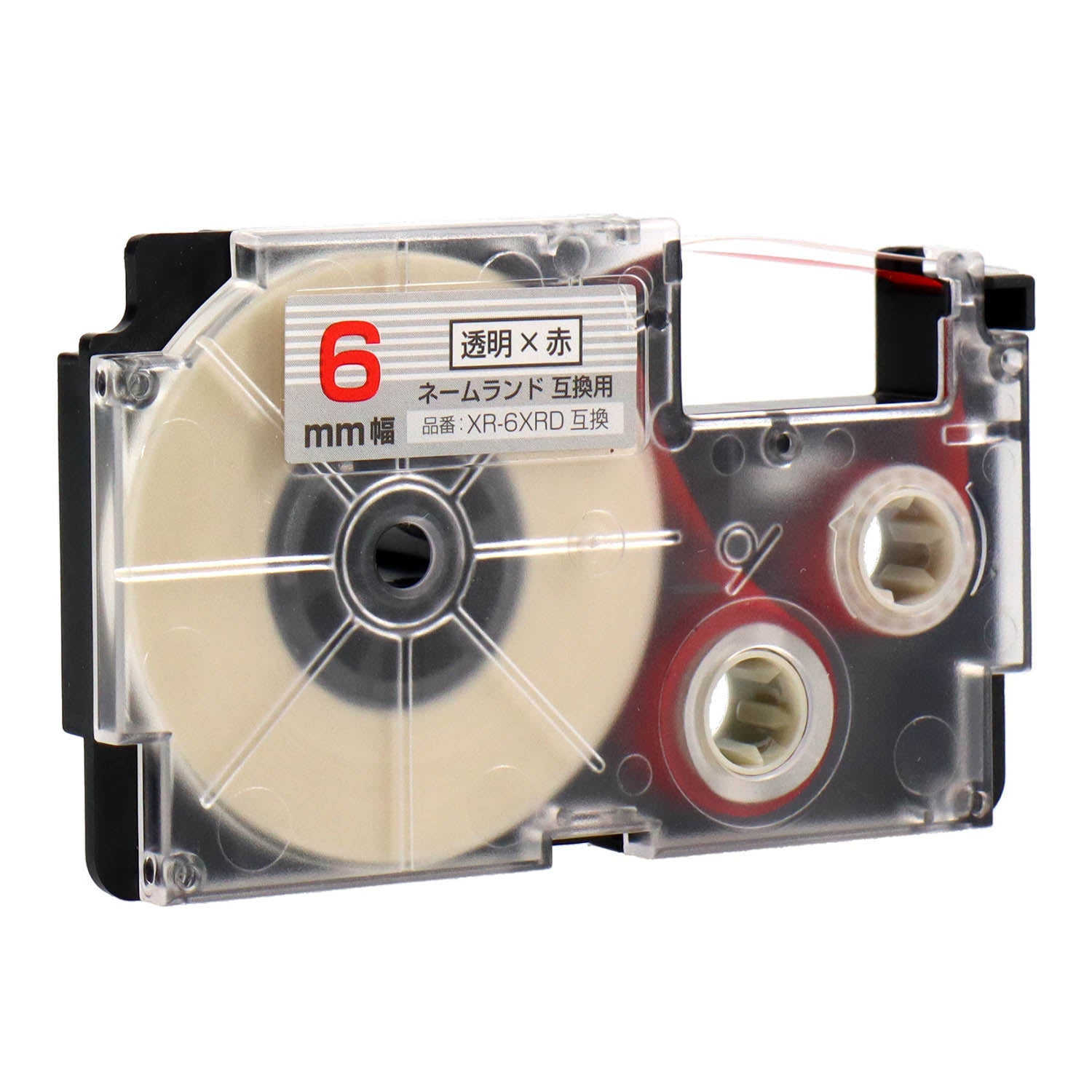 ネームランド用互換テープカートリッジ 透明×赤文字 6mm