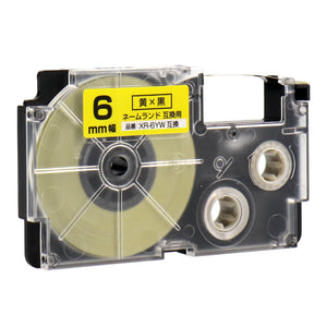 ネームランド用互換テープカートリッジ 黄×黒文字 6mm