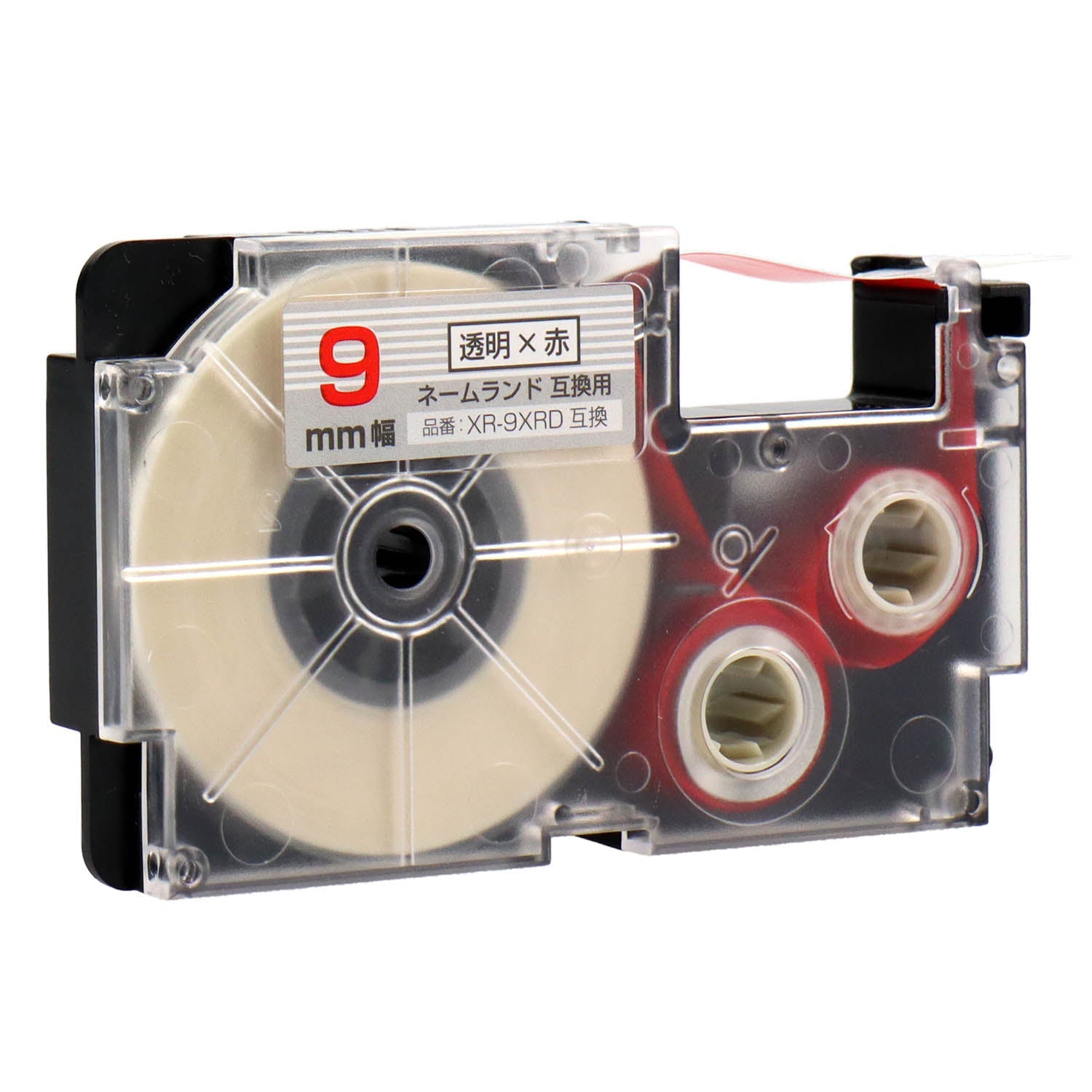 ネームランド用互換テープカートリッジ 透明×赤文字 9mm